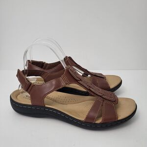 CLARKS Laurieann Kay Sandals Womens 9 Brown Leather Comfort Slingback T Strap